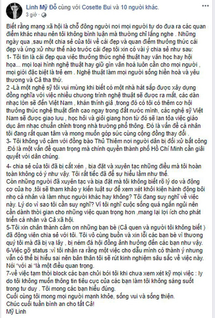 Trước áp lực từ cộng đồng mạng, giọng ca "Hương ngọc lan" đã gỡ dòng trạng thái gây tranh cãi, thay vào đó là một bài giải thích. Nữ ca sĩ còn cảnh báo sẽ xem xét "kiện" những người bịa đặt và xuyên tạc về cô. Từ sự việc này, bà xã của nhạc sĩ Anh Quân cũng nhận ra rằng: "Một việc cho dù mình có thành ý nhưng vẫn có thể bị hiểu sai nên bản thân tôi sẽ rút kinh nghiệm sâu sắc về việc này".
