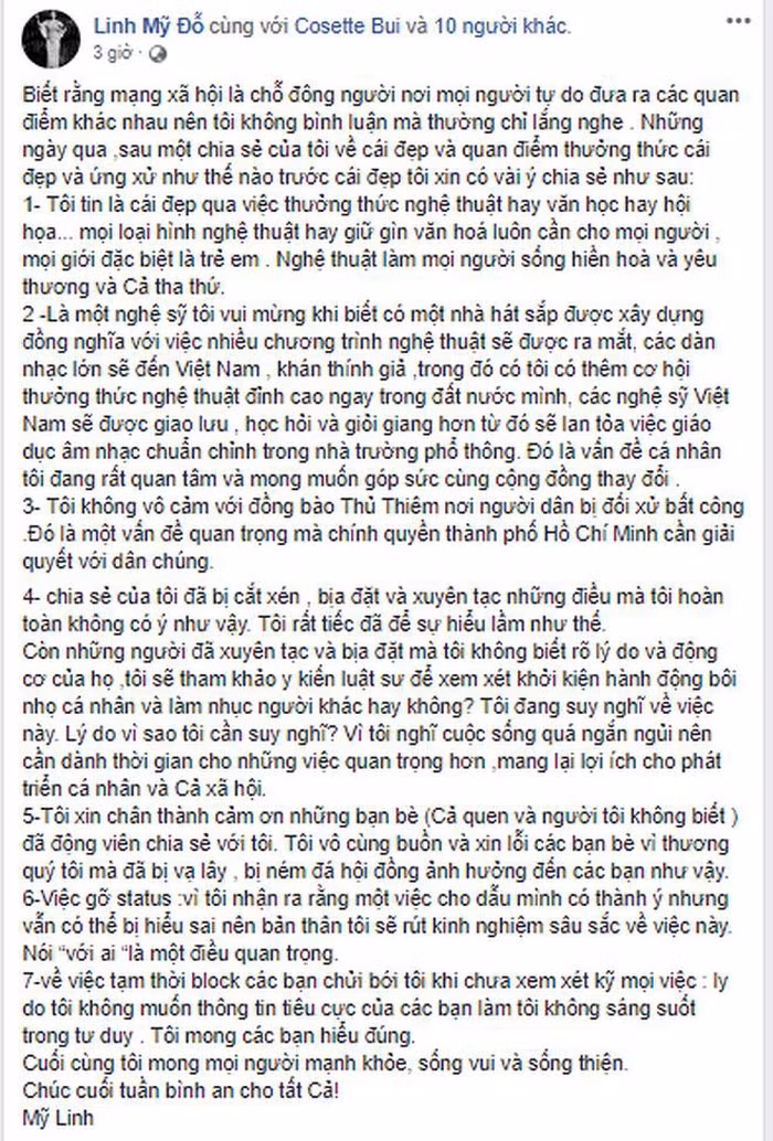 Trước áp lực từ cộng đồng mạng, giọng ca "Hương ngọc lan" đã gỡ dòng trạng thái gây tranh cãi, thay vào đó là một bài giải thích. Nữ ca sĩ còn cảnh báo sẽ xem xét "kiện" những người bịa đặt và xuyên tạc về cô. Từ sự việc này, bà xã của nhạc sĩ Anh Quân cũng nhận ra rằng: "Một việc cho dù mình có thành ý nhưng vẫn có thể bị hiểu sai nên bản thân tôi sẽ rút kinh nghiệm sâu sắc về việc này".