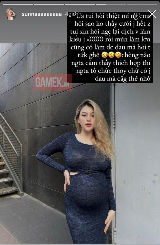 Bên cạnh thông tin mang bầu, nhiều người cũng thắc mắc tại sao cô nàng không làm đám cưới. Sunna cho biết vì tình hình dịch bệnh nên chuyện đó sẽ tổ chức sau. "Chừng nào người ta cảm thấy thích hợp thì người ta tổ chức thôi, chứ có gì đâu mà căng thế nhờ", Sunna chia sẻ.