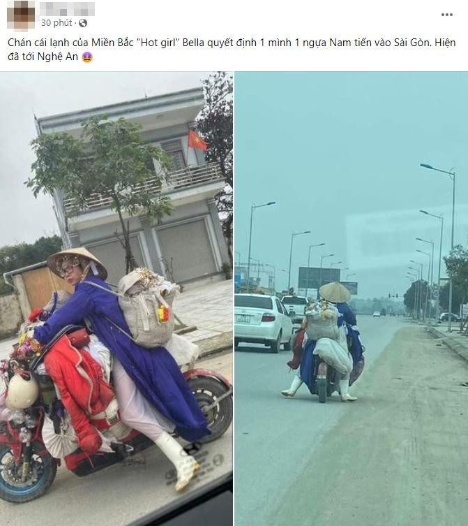 Khoảnh khắc ghi lại, "thánh quỵt" đang di chuyển trên đường bằng một chiếc xe đạp điện chất kín đồ đạc từ trước đến sau, trên lưng khoác thêm một balo.