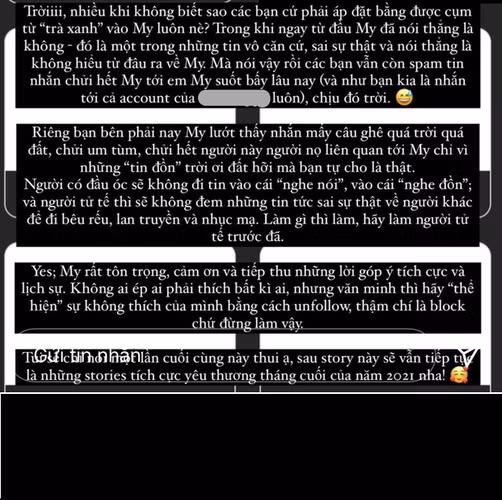 Những tin nhắn này đều rất khó nghe và khiếm nhã, một mực khẳng định Doãn Hải My là "trà xanh", thậm chí còn hỏi "đi bao nhiêu một đêm" và mắng chửi luôn cả bố mẹ gái xinh top 10 Hoa hậu Việt Nam 2020.