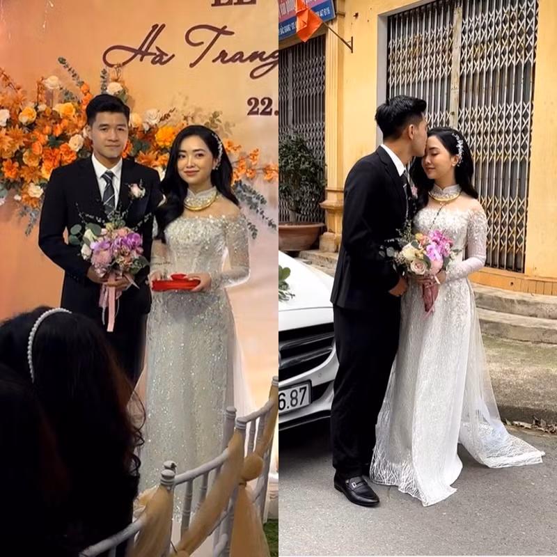 Về phía Đức Chinh, anh xuất hiện với bộ vest đen lịch lãm, bảnh bao đang đứng chụp hình bên cô dâu xinh đẹp của mình. Ảnh: Facebook