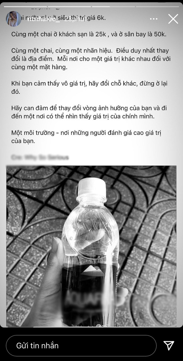 "Cùng một chai nước nhưng ở khách sạn là 25k, ở sân bay là 50k. Điều duy nhất thay đổi là địa điểm. Khi bạn cảm thấy vô giá trị, hãy đổi chỗ khác, đừng ở lại đó. Can đảm thay đổi vòng ảnh hưởng và đi đến nơi có thể nhìn thấy giá trị của mình.", Nhật Lê chia sẻ.