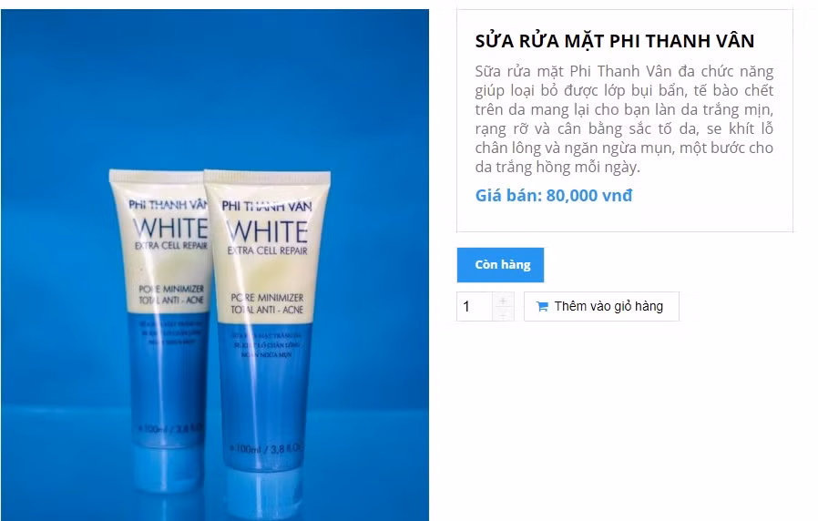 Sữa rửa mặt trắng da se khít lỗ chân lông ngừa mụn Phi Thanh Vân. Ảnh chụp màn hình: myphamphithanhvan.vn.