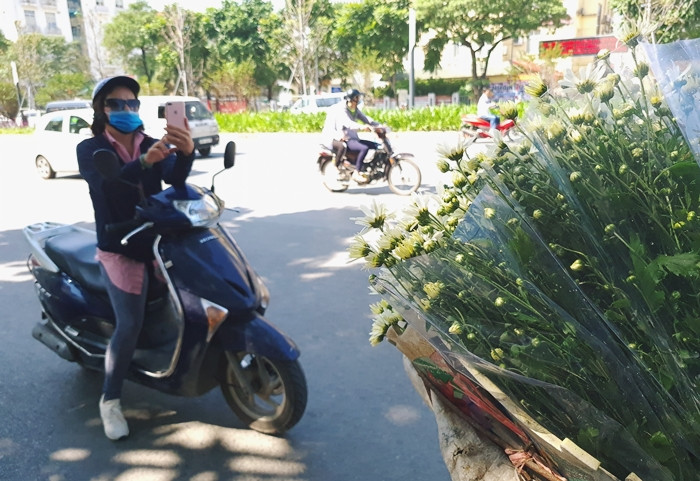Người đi đường dừng lại để lưu bức ảnh cúc họa mi đang theo chân người bán hàng rong xuống phố Hà Nội.