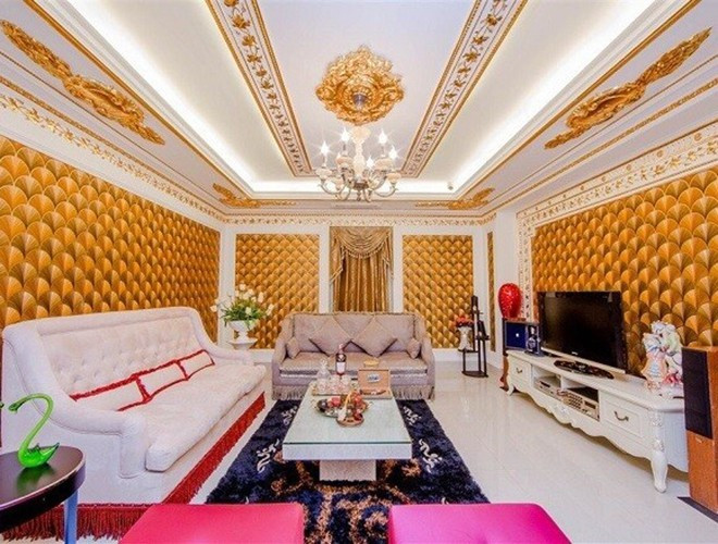 Tổng diện tích nhà, kể cả sân vườn là 600m2. Căn nhà có 2 cổng ra vào ở hai mặt tiền, được thiết kế giống nhau. Bên trong, nội thất lấy tông vàng sang trọng làm màu chủ đạo 