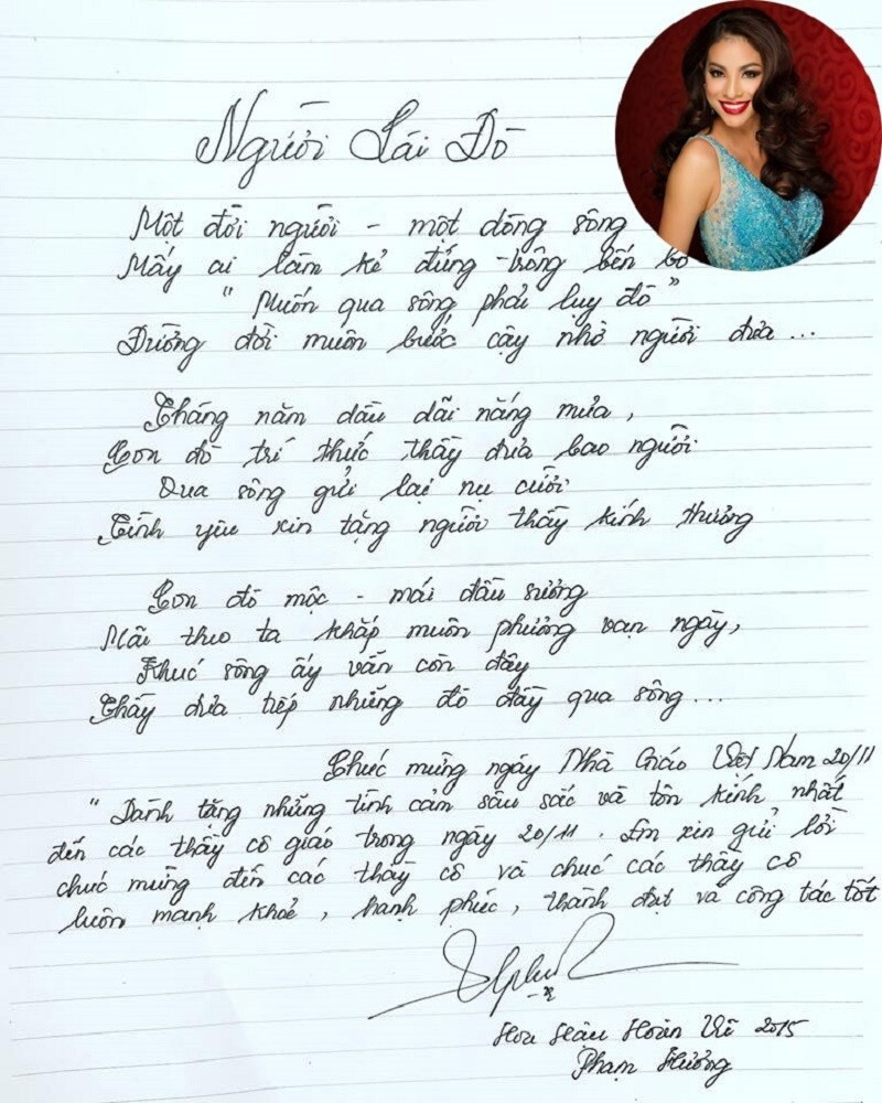 Từng xuất thân là một giảng viên nên Hoa hậu Phạm Hương cũng có chữ viết dễ nhìn. Ngoài ra, chữ của cô cũng được nhiều người khen ngợi đẹp như chữ in mẫu thường dùng cho học sinh.