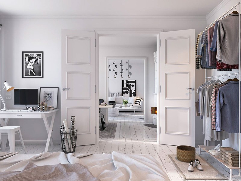 Từ phòng ngủ, đôi vợ chồng cũng có thể quan sát phòng khách bên ngoài nhờ cửa đặt thẳng với phòng khách.