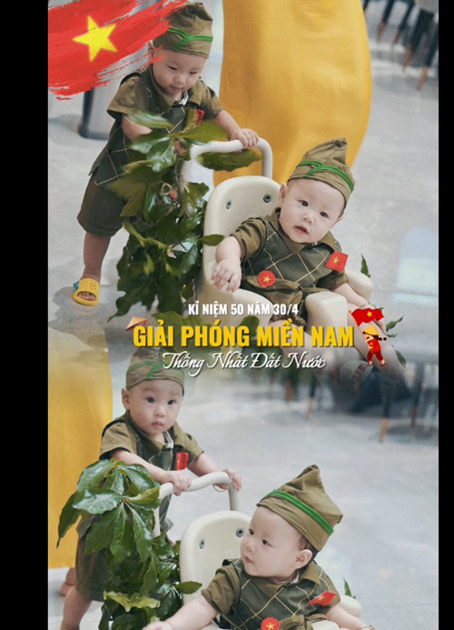 Cặp song sinh của Phương Oanh đáng yêu trong trang phục mang phong cách quân phục.