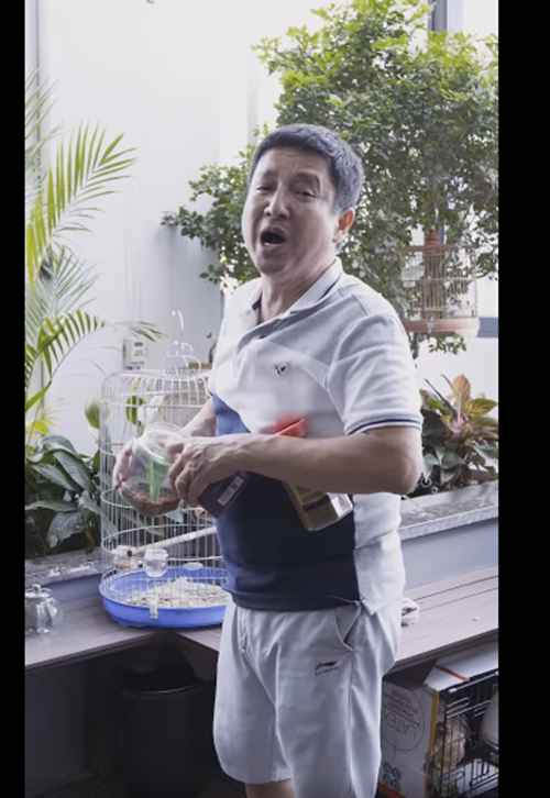 Nam nghệ sĩ khoe những chiếc lồng chim trong khu vườn đầy cây xanh tại nhà.