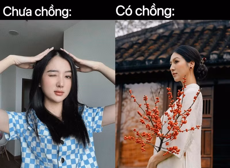 Vợ kém 17 tuổi của Hồ Quang Hiếu ghép ảnh trước và sau khi lấy chồng đồng thời chú thích hài hước: "Đang nét dễ thương hiền lành, tự nhiên có chồng xong nhìn lại thấy hung dữ ngang, già thêm 10 tuổi". Ảnh: FB Tuệ Như.