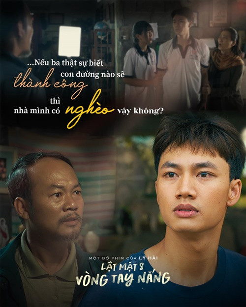 Nhân vật chính của Lật mặt 8: Vòng tay nắng là Tâm - chàng trai trẻ 17 tuổi, học giỏi và có năng khiếu âm nhạc. Tâm cùng nhóm bạn ở quê chung sở thích với mình thành lập nhóm nhạc và đăng ký tham gia cuộc thi tìm kiếm tài năng. Ông Phước - bố của Tâm kịch liệt phản đối Tâm theo con đường nghệ thuật. Ảnh: FB Lý Hải- Minh Hà.