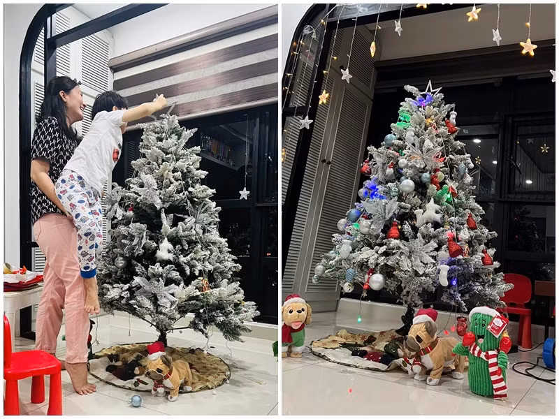 Ngọc Lan cùng con trai trang trí cây thông đón Giáng sinh.
