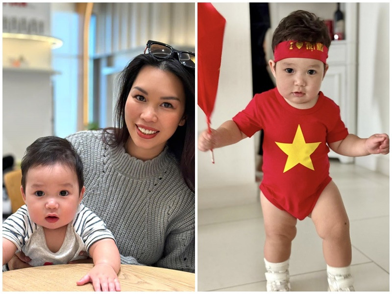 Siêu mẫu Hà Anh cho con trai Luca diện trang phục cờ đỏ sao vàng. Ảnh: FB Hà Anh.