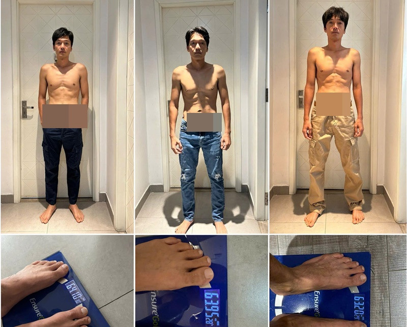 Trước khi quay Địa đạo: Mặt trời trong bóng tối, Quang Tuấn đều đặn gửi hình ảnh cùng số cân nặng mỗi tuần cho ê-kíp phim. Ảnh: FB Quang Tuấn.