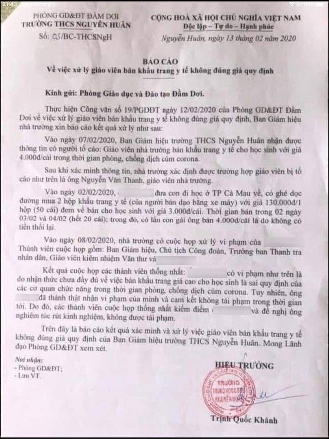 Chuyen bi hai: Thay giao o mien Tay ban 20 khau trang loi 10.000 dong bi ky luat