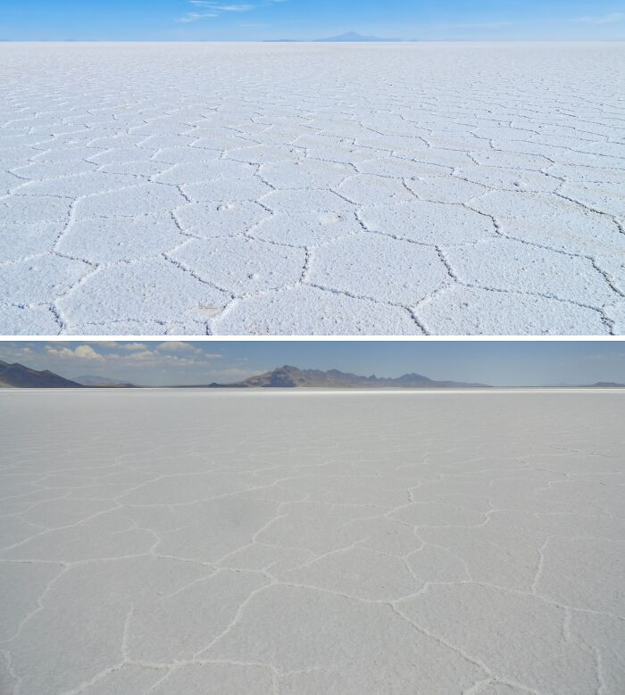 Cánh đồng muối Salar De Uyuni ở Bolivia và cánh đồng muối Bonneville ở Utah, Mỹ.