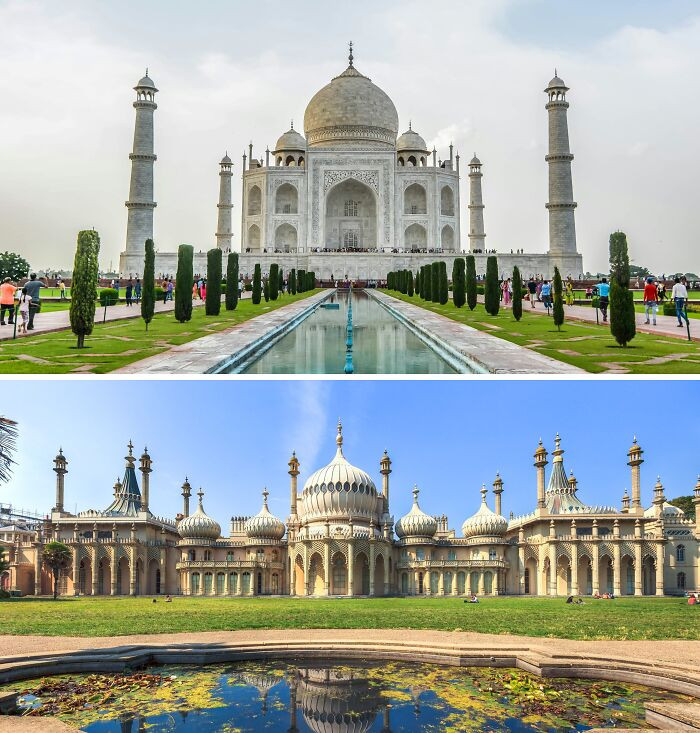Đền Taj Mahal ở Ấn Độ và Cung điện Hoàng gia Brighton.
