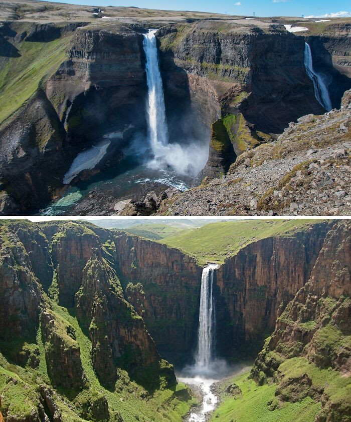 Thác nước Haifoss ở Iceland và thác Maletsunyane, Lesotho.
