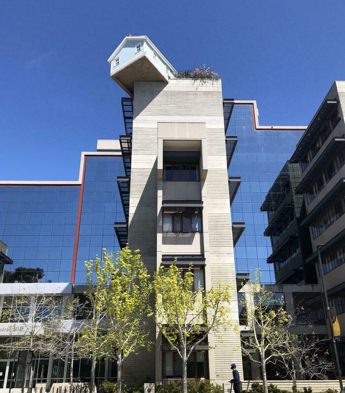 "Tòa nhà Kỹ thuật của trường tôi có một ngôi nhà được xây dựng trên mái nhà", người đăng bức ảnh đặc biệt này viết.