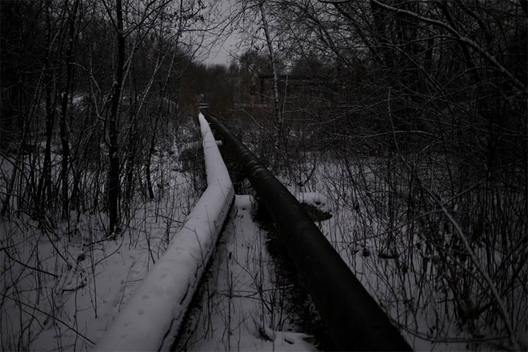 Hệ thống đường ống sưởi chạy xuyên qua rừng.