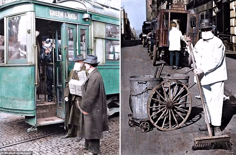 Người bán vé xe điện ở Seattle, Mỹ, kiểm tra xem hành khách đã đeo khẩu trang như yêu cầu chưa (trái). Một công nhân vệ sinh đường phố đeo mặt nạ trên đường phố New York năm 1918 (phải).