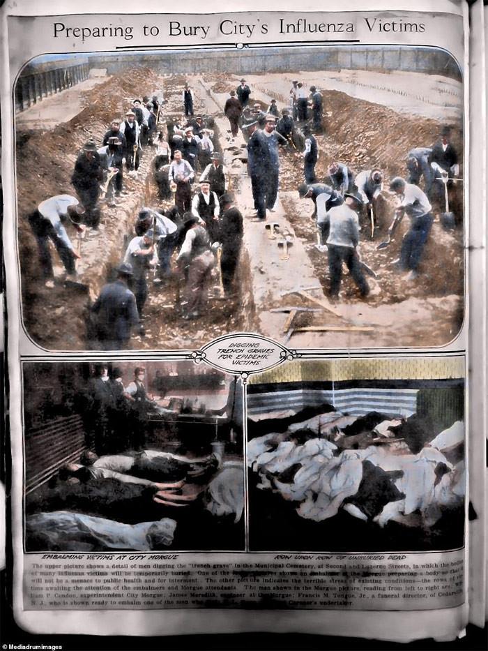 Một tờ báo đăng tin những người ở Philadelphia đang đào mộ tập thể chôn những người chết do dịch cúm Tây Ban Nha năm 1918.