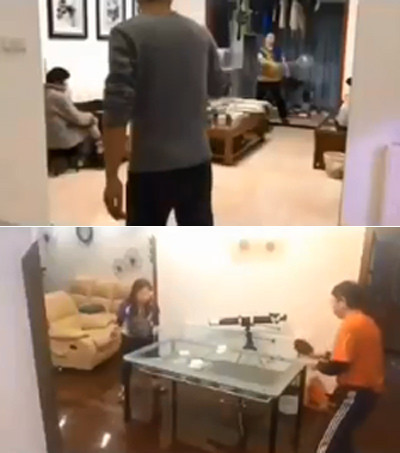 Phòng khách biến thành sân chơi cầu lông còn phòng ăn và bàn ăn được tận dụng để chơi bóng bàn.