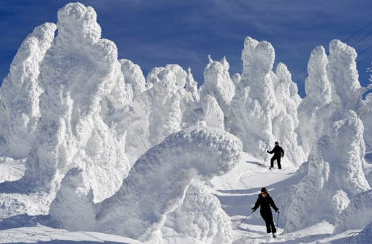 Quái vật Tuyết, Núi Zao, Nhật. Nằm ở phía bắc Tohoku, Nhật Bản, Núi Zao là nơi có nhiều tác phẩm điêu khắc bằng tuyết. Khi mùa đông đến, gió Siberia thổi qua dãy núi Zao, tuyết rơi và đóng băng trên các lùm cây trên núi và tạo hình giống như con quái vật.