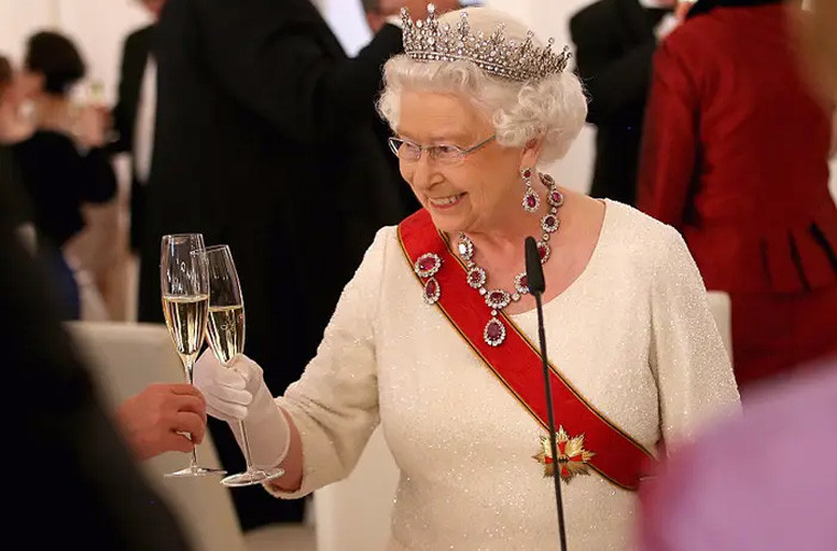 Năm 2015, sau bài phát biểu, Nữ hoàng Elizabeth nâng cốc chúc mừng các khách mời tại bữa tiệc tại Cung điện Schloss Bellevue ở Berlin, Đức.