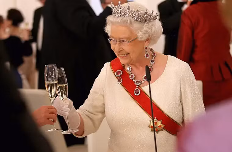 Năm 2015, sau bài phát biểu, Nữ hoàng Elizabeth nâng cốc chúc mừng các khách mời tại bữa tiệc tại Cung điện Schloss Bellevue ở Berlin, Đức.