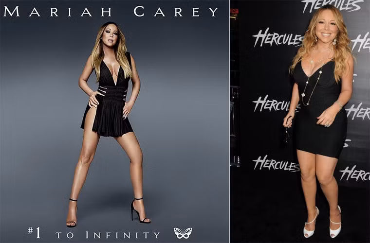 Năm 2015, Mariah Carey bị "ném đá" vì quá tay photoshop cho bìa album #1 To Infinity của cô. Trên bìa đĩa là hình ảnh một Mariah Carey eo thon, đôi chân dài thẳng tắp, vòng 1 vừa vặn rất quyến rũ, khác hẳn với hình ảnh đôi chân bắp chuối, vòng eo bánh mì và vòng ngực đồ sộ của cô ngoài đời. Ảnh: Newyorkdailynews