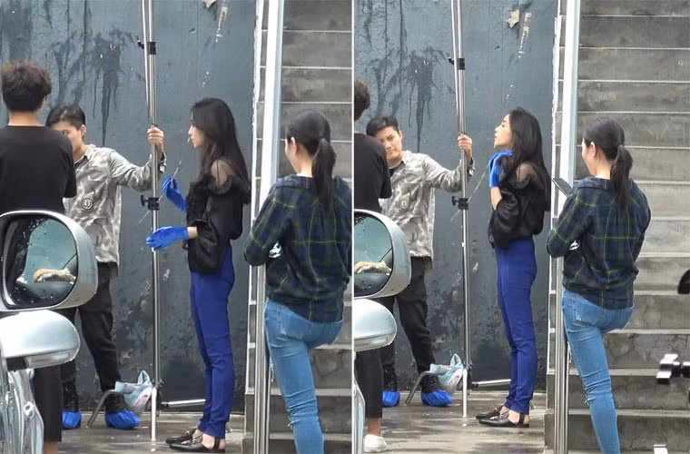 Mới đây, Angelababy còn bị chụp khoảnh khắc mông lép, chân que tăm trên phim trường Thời đại lập nghiệp. Ảnh: 163