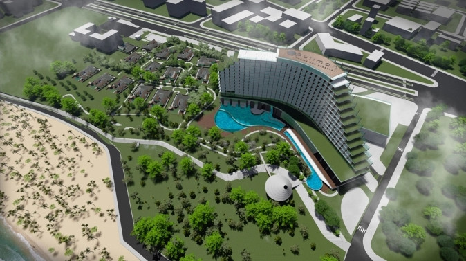 Với vị trí đặc địa và thuận lợi, có phần đất liền, có đồi cát, và có cả phần cát ven biển, dự án khách sạn 5 sao Pullman được chủ đầu tư giới thiệu là mang phong cách kiến trúc hiện đại, tiêu biểu cho bộ mặt mới đang phát triển từng ngày của TP Đồng Hới. (Ảnh: Phối cảnh dự án).