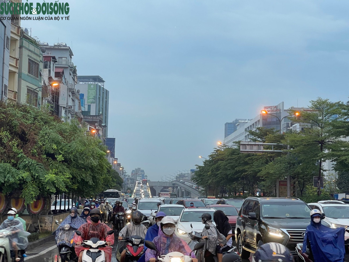 Trên tuyến đường Trường Chinh (hướng từ ngã tư Vọng đi Láng), lượng ô tô từ đường trên cao xếp thành hai hàng nhích từng mét để xuống nút giao. Phía dưới đường, lượng ô tô và xe máy cũng ken đặc khiến giao thông nơi đây luôn trong tình trạng ùn ứ nghiêm trọng.