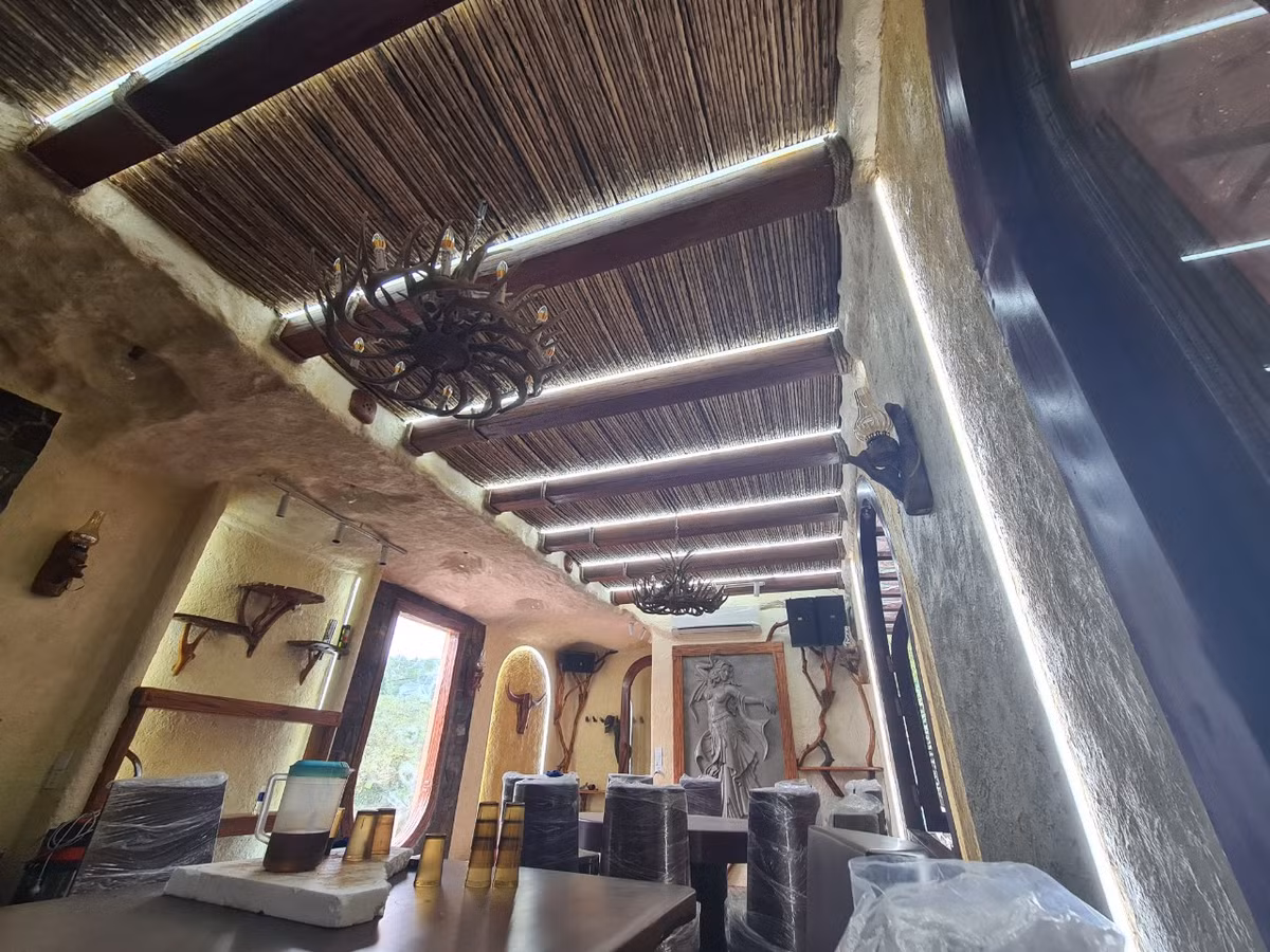 Thế nhưng, khi bước vào không gian bên trong, ngôi nhà đem đến sự bất ngờ với thiết kế sang trọng trông nguy nga không khác gì kiến trúc của những tòa lâu đài với sự kết hợp của đá, gỗ và các họa tiết hình cây lá xen lẫn những bức tranh.