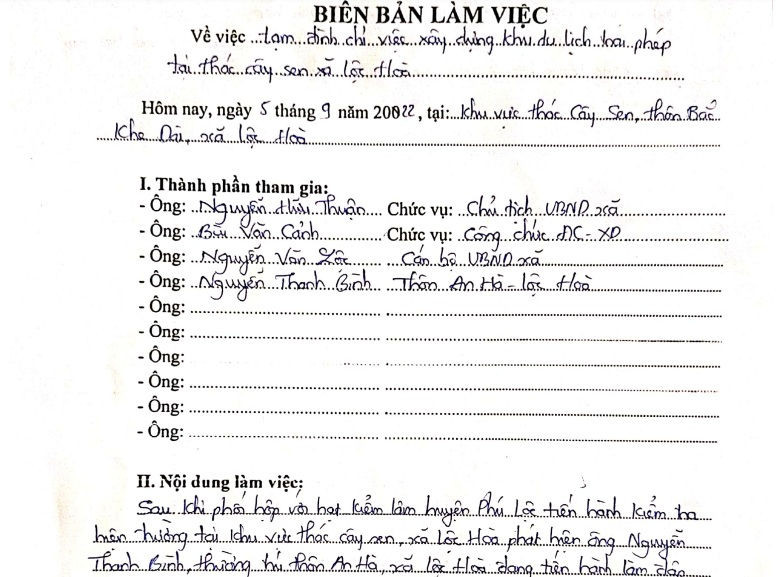 Biên bản tạm đình chỉ việc xây dựng làm khu du lịch sinh thái, nghỉ dưỡng trái phép tại khu vực thác Cây Sen của ông Nguyễn Thanh Bình. (Ảnh: Tài nguyên và Môi trường).
