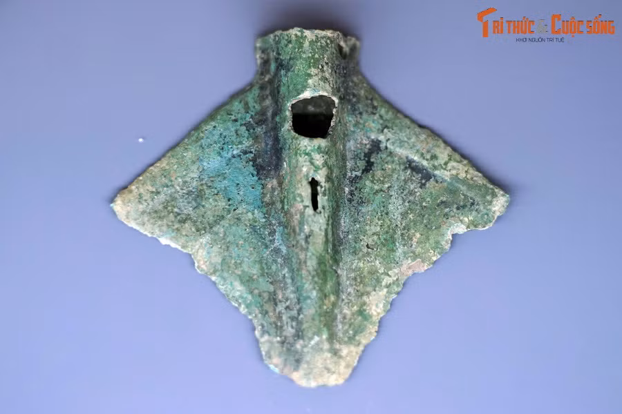 Trong quá trình khai quật các di tích của nền văn hóa Đông Sơn, các nhà khảo cổ học đã thu thập được nhiều hiện vật đồng thuộc các loại hình như cày, cuốc, lưỡi hái, nhíp, rùi, đục, dũa... Ảnh: Một dạng khác của lưỡi cày Đông Sơn.