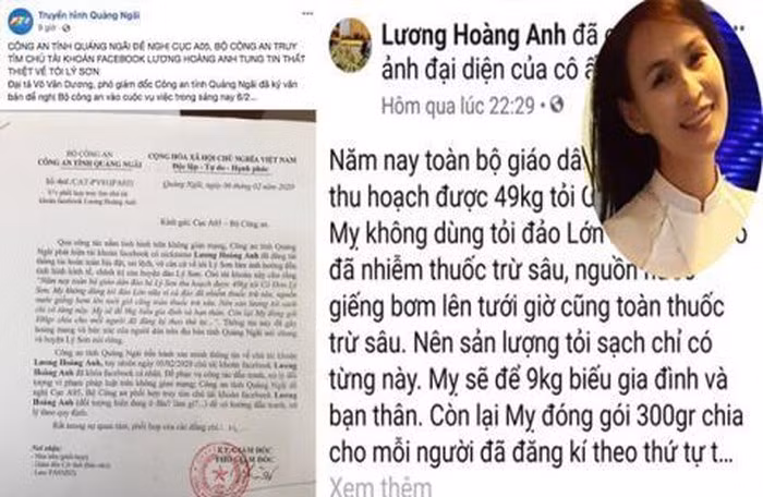  Tung tin sai về tỏi Lý Sơn, nữ doanh nhân bị phạt 12,5 triệu đồng: Ngày 24/2, Chánh thanh tra Sở TT-TT TP.HCM Nguyễn Đức Thọ đã ký quyết định xử phạt hành chính bà Lương Hoàng Anh về hành vi "cung cấp thông tin có nội dung sai sự thật, gây ảnh hưởng xấu đến tình hình kinh tế nông nghiệp của huyện Lý Sơn, tỉnh Quảng Ngãi". Mức xử phạt là 12,5 triệu đồng.