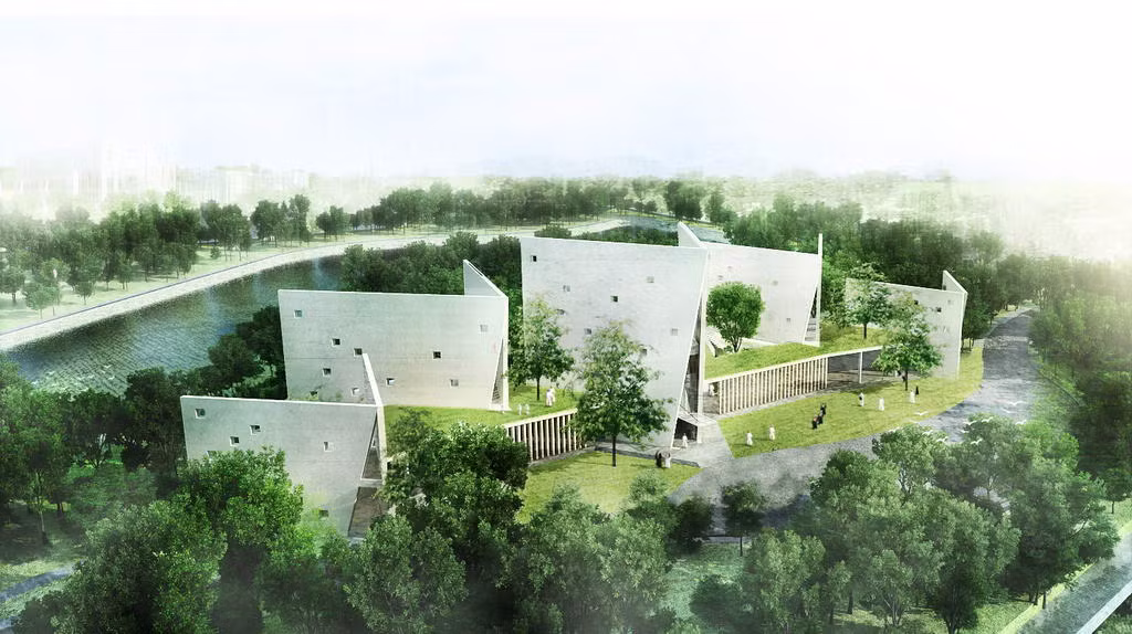 Trung tâm đào tạo này của một doanh nghiệp viễn thông Việt thuê công ty của kiến trúc sư Võ Trọng Nghĩa thiết kế, tọa lạc trong khuôn viên trường đại học cách nội thành Hà Nội khoảng 30km.