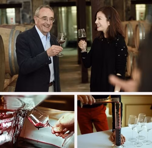 Nữ diễn viên cùng chuyên gia nếm thử rượu vang.