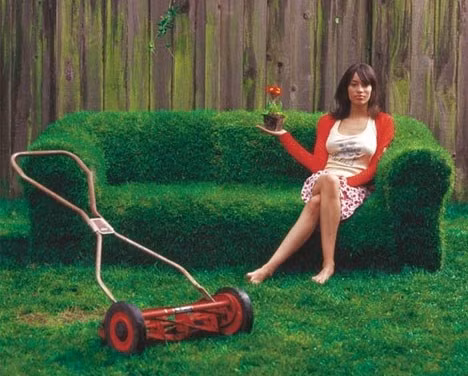 Ghế sofa phủ cỏ xanh độc đáo.