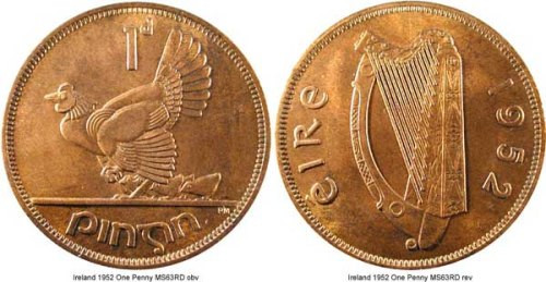 Đồng 1 xu của Ireland: Những người Ireland gốc tin rằng đồng một xu (Penny) của nước mình mang lại may mắn cho bất cứ ai nhận được. Một mặt của đồng xu in hình đàn hạc, biểu tượng quốc gia của Ireland.