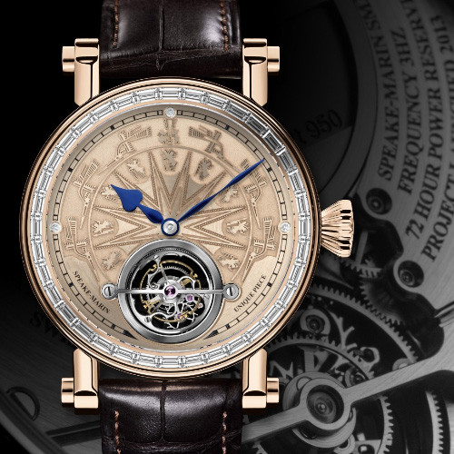 Quả văng lên dây cót tự động micro rotor bằng kim loại quý và nặng nhất thế giới trong khi các ký tự hiển thị trên đồng hồ được điêu khắc bằng vàng. Mặt số họa tiết Đông Sơn tiệp màu với lớp nền, mỗi nét chạm mặt số chỉ sâu chính xác 0,3 mimlimet trên bề mặt vàng hồng 18K dày vẻn vẹn một milimet.