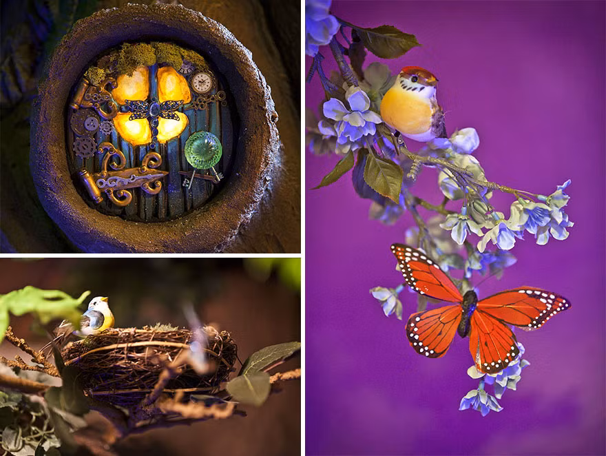 Những cành lá, tổ chim, bướm... trang trí cho cây sinh động hơn.