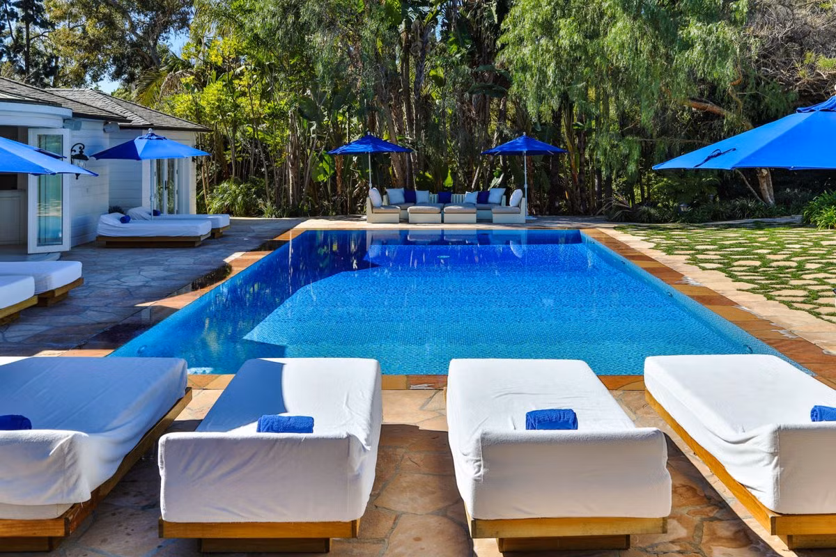 Hồ bơi được bao bọc bởi cây xanh tươi tốt.