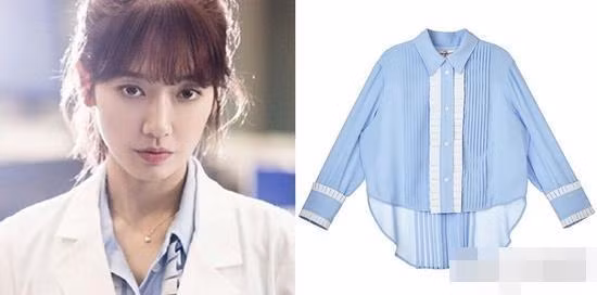 Nữ bác sĩ Hye Jung (Park Shin Hye) mặc áo sơ mi xanh nền nã hiệu Lucky Chouette đi làm.