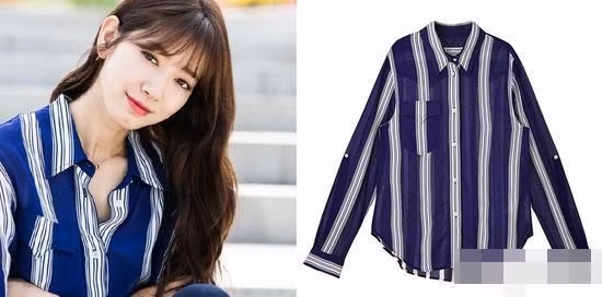 Park Shin Hye trẻ trung và nổi bật với chiếc áo sơ mi kẻ sọc hiệu Lucky Chouette giá 6,3 triệu đồng.