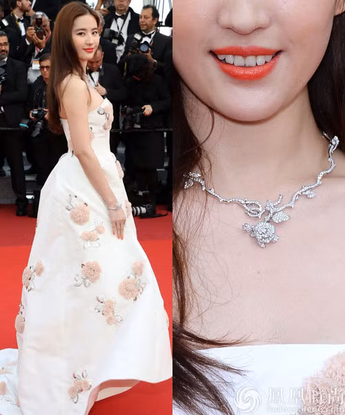 Lưu Diệc Phi lộng lẫy tại thảm đỏ LHP Cannes nhờ trang phục, trang sức và trang điểm của Dior. Đặc biệt vòng cổ của Lưu Diệc Phi được thiết kế hoa hồng 3D thuộc dòng trang sức Rose Bagatelle mới nhất của Dior.