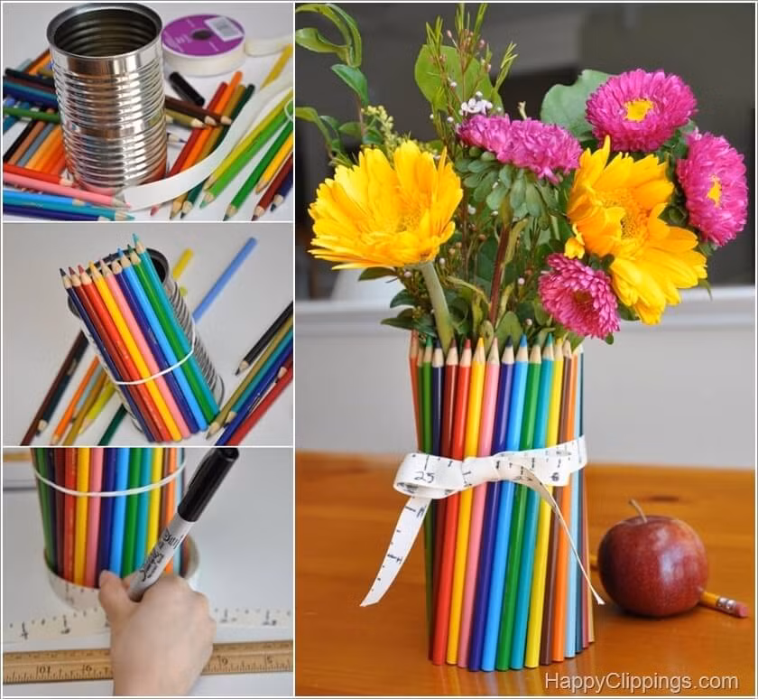 Những chiếc bút chì màu và vỏ lon sữa được thiết kế thành lọ hoa trang trí nhà ấn tượng.